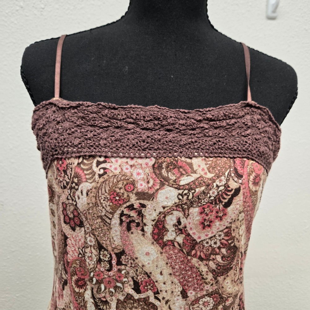 LA Kitty Womens Paisley Crochet Trim Cami Tank Top Pink Brown Large 4818425J